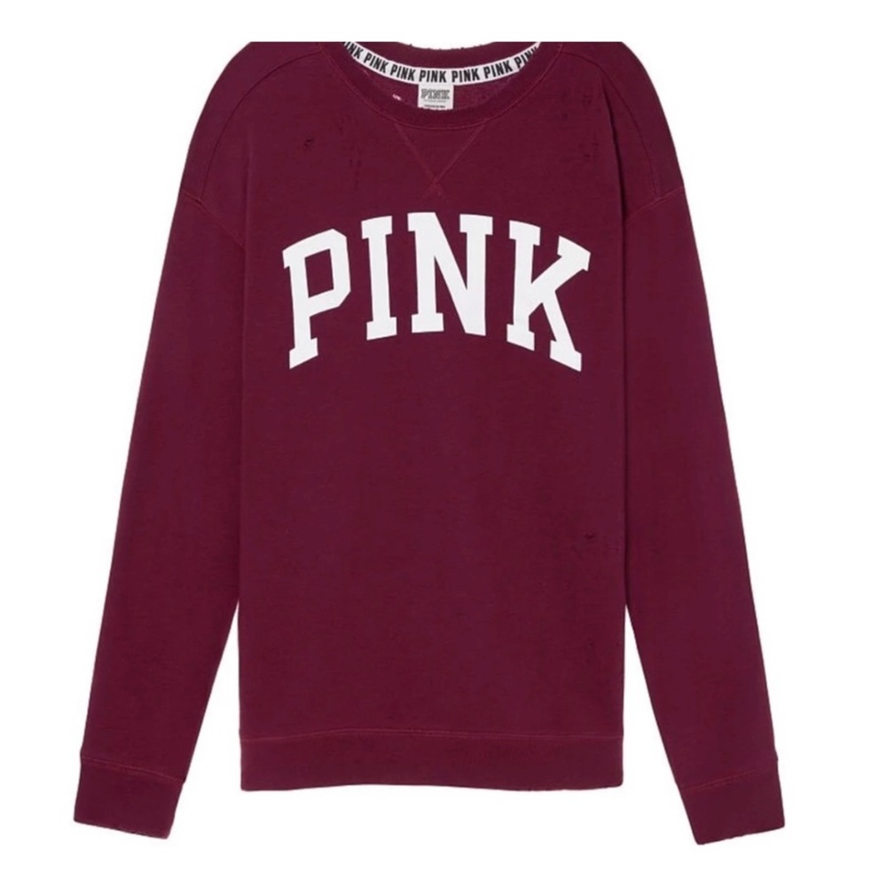 vs pink distressed oversized campus pullover sweatshirt
